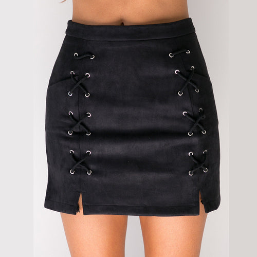 Explosion Lace Up Leather Suede Pencil Skirt Cross High Waist Skirt Zipper Split Bodycon Bandage Skirts Womens GV456