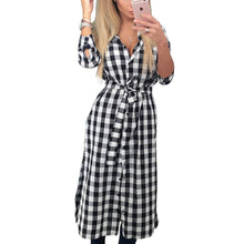 Explosion Women Plaid Dress Casual Turn-down Collar Long Sleeve Plaid Midi Dress Lady Maxi Long Vestidos GV438