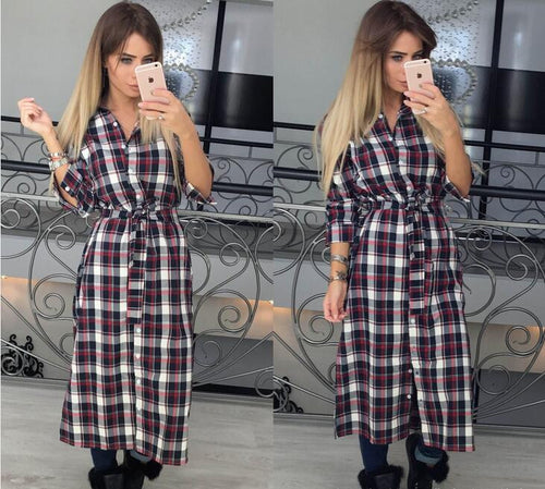 Explosion Women Plaid Dress Casual Turn-down Collar Long Sleeve Plaid Midi Dress Lady Maxi Long Vestidos GV438