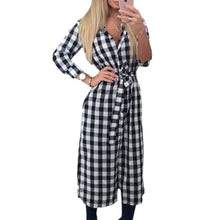 Explosion Women Plaid Dress Casual Turn-down Collar Long Sleeve Plaid Midi Dress Lady Maxi Long Vestidos GV438