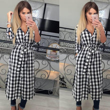 Explosion Women Plaid Dress Casual Turn-down Collar Long Sleeve Plaid Midi Dress Lady Maxi Long Vestidos GV438