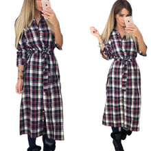 Explosion Women Plaid Dress Casual Turn-down Collar Long Sleeve Plaid Midi Dress Lady Maxi Long Vestidos GV438