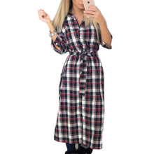 Explosion Women Plaid Dress Casual Turn-down Collar Long Sleeve Plaid Midi Dress Lady Maxi Long Vestidos GV438