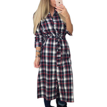 Explosion Women Plaid Dress Casual Turn-down Collar Long Sleeve Plaid Midi Dress Lady Maxi Long Vestidos GV438
