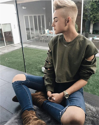 Fall Cut Out Cropped Sweatshirt Women Hoodies O Neck Sleeve Cut Tracksuit Tops Army Green Sport Jogging Femme