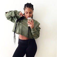 Fall Cut Out Cropped Sweatshirt Women Hoodies O Neck Sleeve Cut Tracksuit Tops Army Green Sport Jogging Femme