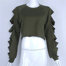 Fall Cut Out Cropped Sweatshirt Women Hoodies O Neck Sleeve Cut Tracksuit Tops Army Green Sport Jogging Femme