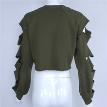 Fall Cut Out Cropped Sweatshirt Women Hoodies O Neck Sleeve Cut Tracksuit Tops Army Green Sport Jogging Femme