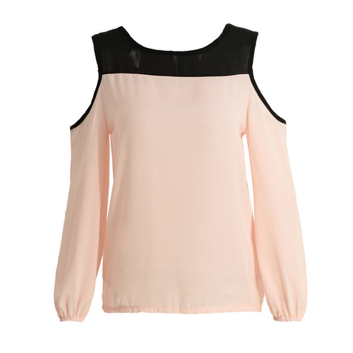 fall-women-chiffon-blousecolor-block-cold-shoulder-long-sleeve-casual-loose-shirt-top-femme-pink-roupas-feminina BBL