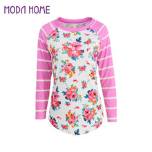 fall-fashion-women-shirt-casual-printed-t-shirt-floral-stripe-sleeve-curved-hem-top-pink-blue-undershirts-camisas-femininas BBL