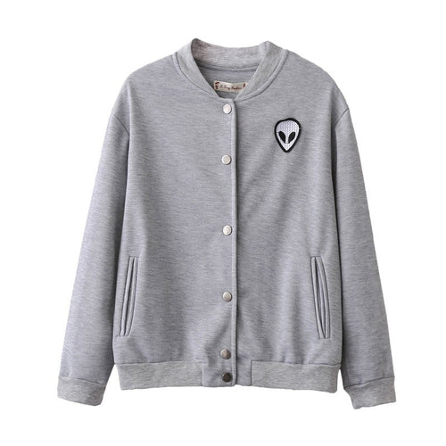 School Style Gray Alien Embroidery Jacket Women Stand Collar Button Coat Long Sleeve Women Basic Coats