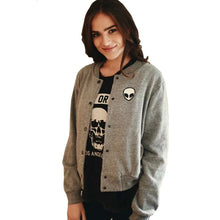 School Style Gray Alien Embroidery Jacket Women Stand Collar Button Coat Long Sleeve Women Basic Coats