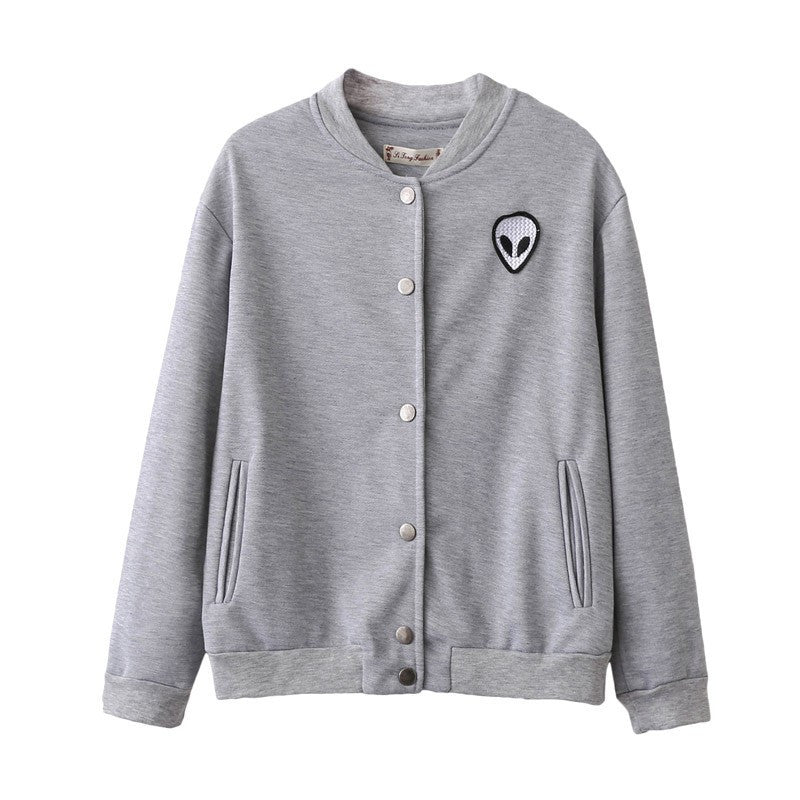 School Style Gray Alien Embroidery Jacket Women Stand Collar Button Coat Long Sleeve Women Basic Coats