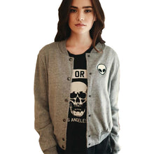 School Style Gray Alien Embroidery Jacket Women Stand Collar Button Coat Long Sleeve Women Basic Coats