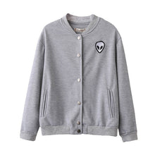 School Style Gray Alien Embroidery Jacket Women Stand Collar Button Coat Long Sleeve Women Basic Coats