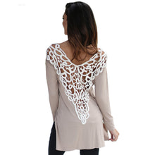 Sexy Crochet Patchwork Elegant T-Shirt Femme Deep V Back Lace Hollow out Women Long Sleeve Side Split Shirt M0072