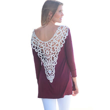 Sexy Crochet Patchwork Elegant T-Shirt Femme Deep V Back Lace Hollow out Women Long Sleeve Side Split Shirt M0072