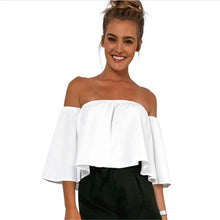 Off Shoulder Top White Blouse Shirt Ruffles Slash Neck Sexy Blouse Women Flare Sleeve Cropped Top For Women