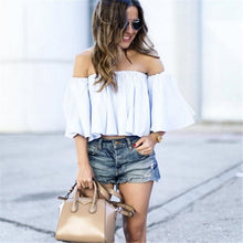 Off Shoulder Top White Blouse Shirt Ruffles Slash Neck Sexy Blouse Women Flare Sleeve Cropped Top For Women