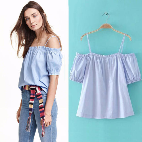 Women Sexy Blue Blouse Off Shoulder Short Sleeve Slash Neck Elegant Casual Tops Shirts