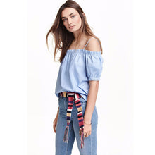 Women Sexy Blue Blouse Off Shoulder Short Sleeve Slash Neck Elegant Casual Tops Shirts