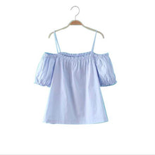 Women Sexy Blue Blouse Off Shoulder Short Sleeve Slash Neck Elegant Casual Tops Shirts