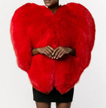 3D Red Love Heart Shaped Cape Faux Fox Fur Coat Thick Warm Celebrity Women Long Hairy Shaggy Jacket Outerwear Top