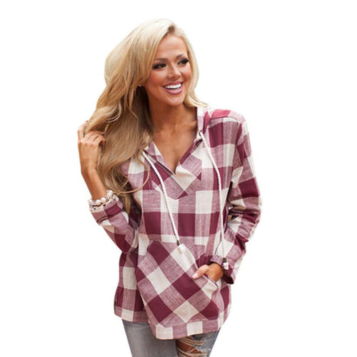 Fashion Shirt Women Long Sleeve Tops Plaid Hooded Sweater Blouse Shirt Pullover Plus Size
