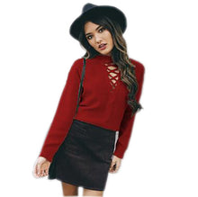 Women Lace Up Knitted Sweaters Casual Solid Pullover Sexy V Neck Pull Sweaters Femme Basic Knitwear GV340