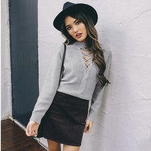 Women Lace Up Knitted Sweaters Casual Solid Pullover Sexy V Neck Pull Sweaters Femme Basic Knitwear GV340