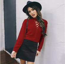 Women Lace Up Knitted Sweaters Casual Solid Pullover Sexy V Neck Pull Sweaters Femme Basic Knitwear GV340