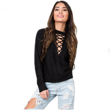 Women Lace Up Knitted Sweaters Casual Solid Pullover Sexy V Neck Pull Sweaters Femme Basic Knitwear GV340