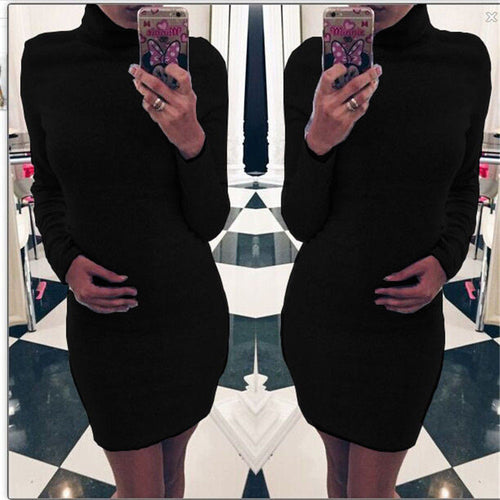 Women Mini Tricot Dress Turtleneck Grey Black Bodycon Office Dresses Casual Knitted Slim Vestidos Q0047