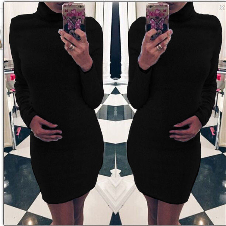 Women Mini Tricot Dress Turtleneck Grey Black Bodycon Office Dresses Casual Knitted Slim Vestidos Q0047