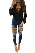 Casual Bandage Crop Tops Long Sleeve Blouses Femme Lace Up Deep V-neck Women Shirts Plus Size LX113