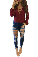 Casual Bandage Crop Tops Long Sleeve Blouses Femme Lace Up Deep V-neck Women Shirts Plus Size LX113