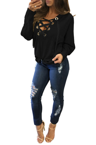 Casual Bandage Hoodies Long Sleeve Lace Up Pullovers Top Women Deep V-neck Hooded Sweatershirt LX112