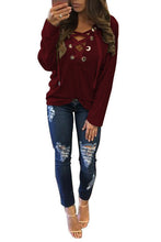 Casual Bandage Hoodies Long Sleeve Lace Up Pullovers Top Women Deep V-neck Hooded Sweatershirt LX112