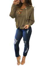 Casual Bandage Hoodies Long Sleeve Lace Up Pullovers Top Women Deep V-neck Hooded Sweatershirt LX112