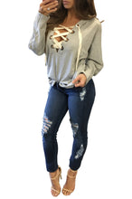 Casual Bandage Hoodies Long Sleeve Lace Up Pullovers Top Women Deep V-neck Hooded Sweatershirt LX112