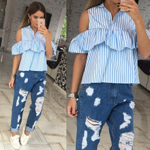 Cold Shoulder Striped Shirts Casual Flounces Turn-Down Collar Plaid Shirt Tops For Women Ladies Beachwear LX167