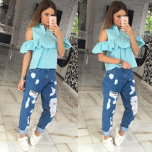 Cold Shoulder Striped Shirts Casual Flounces Turn-Down Collar Plaid Shirt Tops For Women Ladies Beachwear LX167
