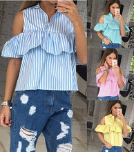 Cold Shoulder Striped Shirts Casual Flounces Turn-Down Collar Plaid Shirt Tops For Women Ladies Beachwear LX167