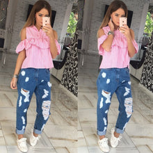 Cold Shoulder Striped Shirts Casual Flounces Turn-Down Collar Plaid Shirt Tops For Women Ladies Beachwear LX167