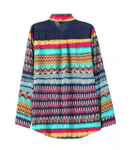 Contrast Colorful Wave Geometric Print Lapel Long sleeve Shirt Retro Women's Print Casual Loose Shirt Blouse Tops