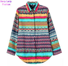 Contrast Colorful Wave Geometric Print Lapel Long sleeve Shirt Retro Women's Print Casual Loose Shirt Blouse Tops