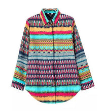 Contrast Colorful Wave Geometric Print Lapel Long sleeve Shirt Retro Women's Print Casual Loose Shirt Blouse Tops