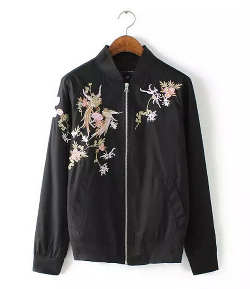 Embroidery Oriental Flower & Phoenix Bird Pattern Short Jacket Women's Bomber Jacket Coat Pilots Outerwear Tops