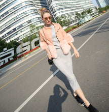 Faux Fox Fur Spliced PU Leather Jacket Pink color Stand Collar 3/4 Sleeve Slim Short Coat Outwear