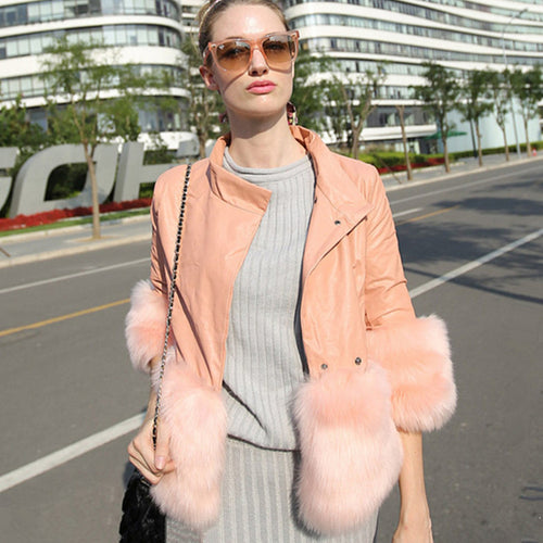 Faux Fox Fur Spliced PU Leather Jacket Pink color Stand Collar 3/4 Sleeve Slim Short Coat Outwear